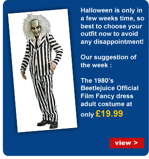 Halloween
is only in a few weeks time, so best to choose your outfit now to avoid any
disappointment! Our suggestion of the week :  The 1980's Beetlejuice
Official Film Fancy dress adult costume at only £19.99  - view